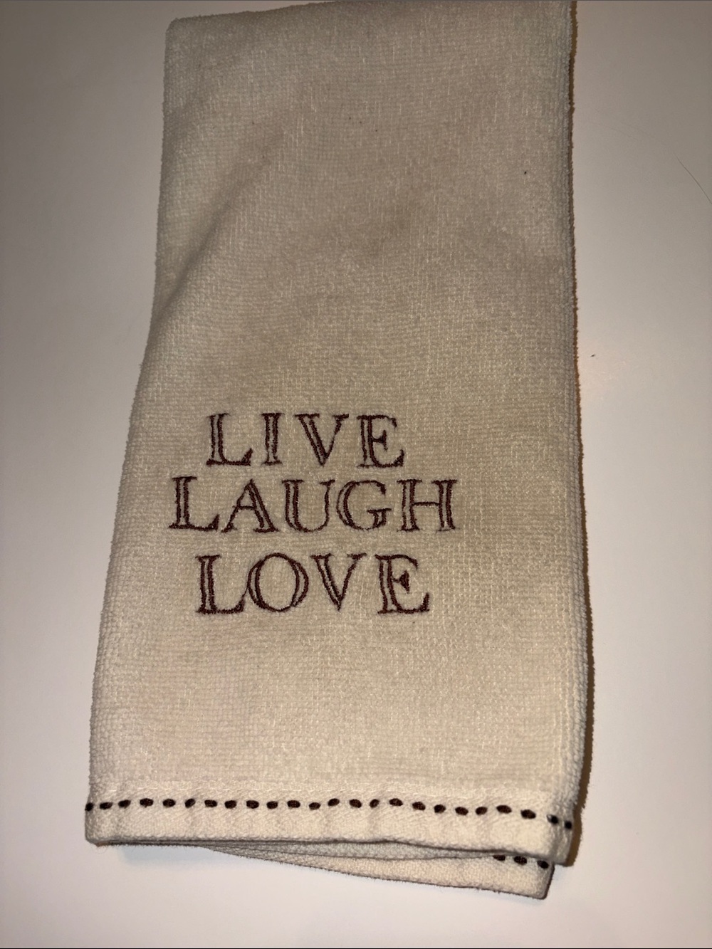 Live Laugh Love Embroidered Cream Kitchen Towel